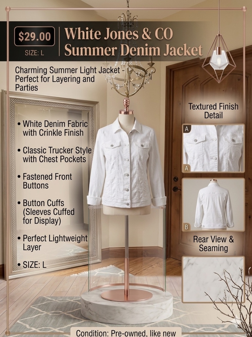 White Summer Denim Jacket - White, Size L